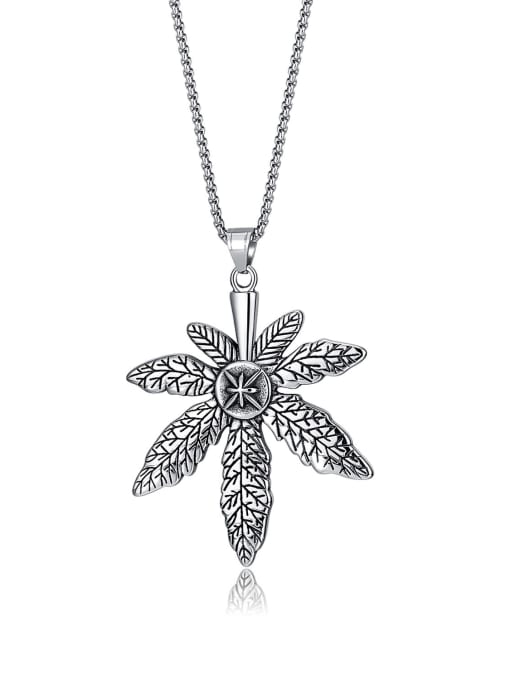 [2199] (Pendant + pearl chain 4*70CM Titanium Steel Maple Leaf Pendant Vintage Man Necklace